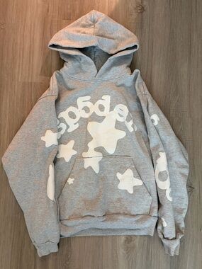 SP5DER Light Gray Hoodie with Neon Green & Purple Logo